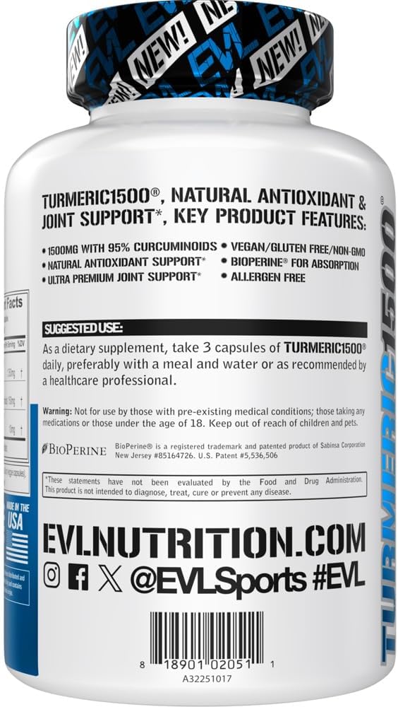 Evlution Herbal Relief Turmeric Curcumin with Bioperine - EVL 1500mg 95% Curcuminoid Turmeric Curcumin with Black Pepper for Digestive Skin Immunity Liver and Joint Support - Non GMO Vegan Supplement