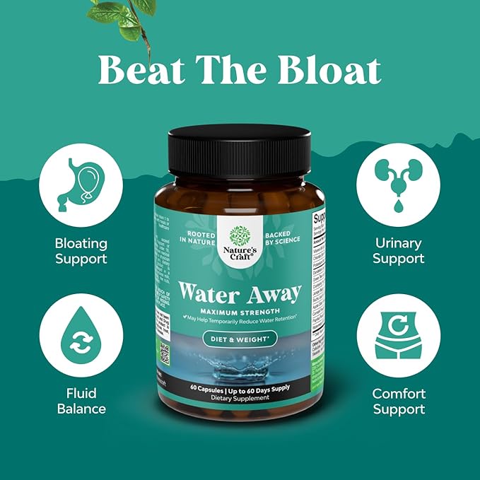 Water Away Supplement for Fast Bloating and Swelling Relief Pure Natural Diuretic Pills Reduce Retention Support Weight Loss Boost Energy Levels - 60 Count