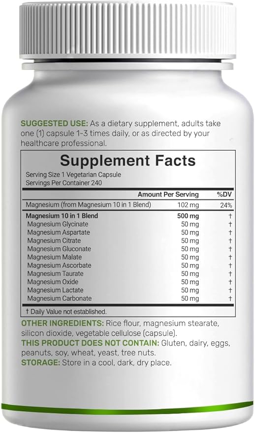Magnesium Complex 500mg, 480 Veggie Capsules – Pack of 2 | 10-in-1 Glycinate, Citrate, Malate, Oxide, & More – 100% Chelated for Easy Absorption – Essential Mineral Supplement – Non-GMO