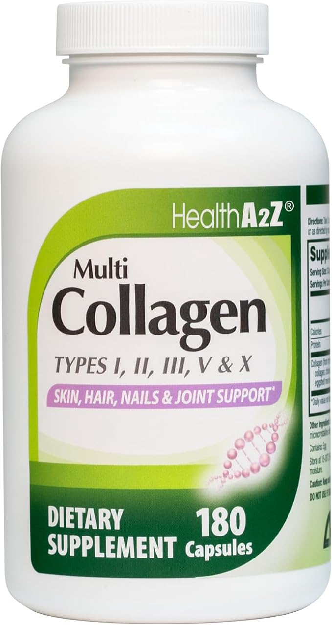 HealthA2Z Multi Collagen pills 1735mg -180 collagen capsules (60 servings) - Types I, II, III, V & X for Healthy Skin, Hair, Nails & Joint Support