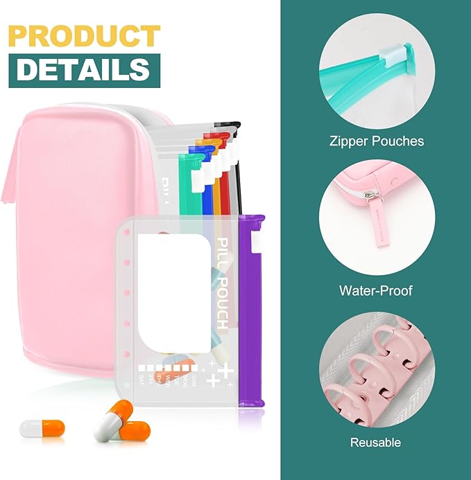 Timueetech A7 Waterproof Pill Organizer with 7 PCS L Size Zippered Pill Pouches for A7 Binder, Large BPA-Free Weekly Medicine Organizer, Color-Coded Reusable Travel Pill Storage System