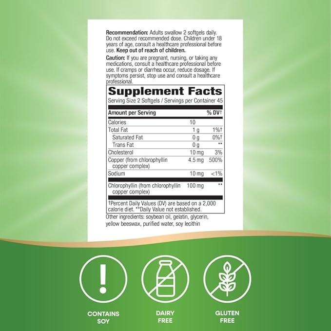 Nature’s Way Chlorofresh Chlorophyll Concentrate Softgels, Chlorophyllin Copper Complex, Internal Deodorant Supplement, Supports Healthy Skin and Detox Pathways*, 90 Softgels (Packaging May Vary)