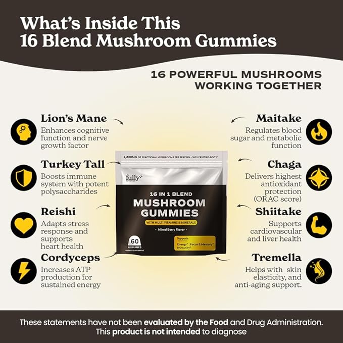 16 Blend Mushroom Gummies - Mushroom Gummies for Adults, Mushroom Supplement with Chaga, Lions Mane, Reishi, Cordyceps for Focus & Clarity, Supports Microdosing Mushrooms - Mixed Berry