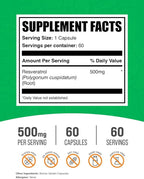 BulkSupplements.com Resveratrol Capsules - Resveratrol Supplement, Polygonum Cuspidatum, Resveratrol 500mg - Antioxidants Supplement, Resveratrol Pills - 1 Capsule per Serving, 60 Capsules