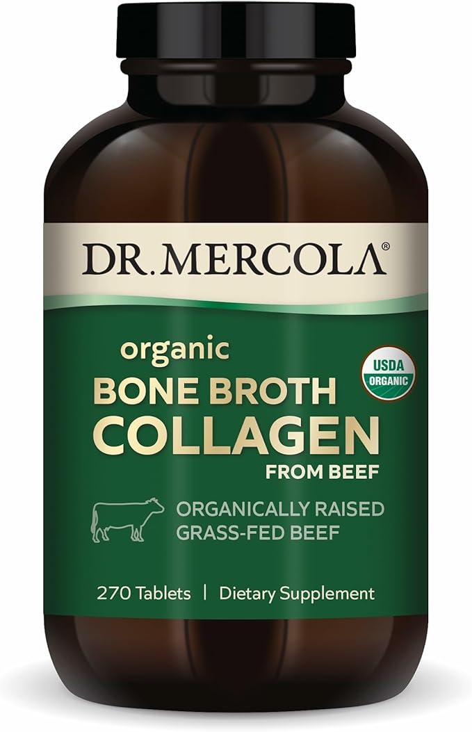 Dr. Mercola Organic Bone Broth Collagen – Organically Raised Grass-Fed Beef – Dietary Supplement – Supports Bone and Joint Comfort – USDA Organic, Non-GMO – 90 Servings (270 Tablets)