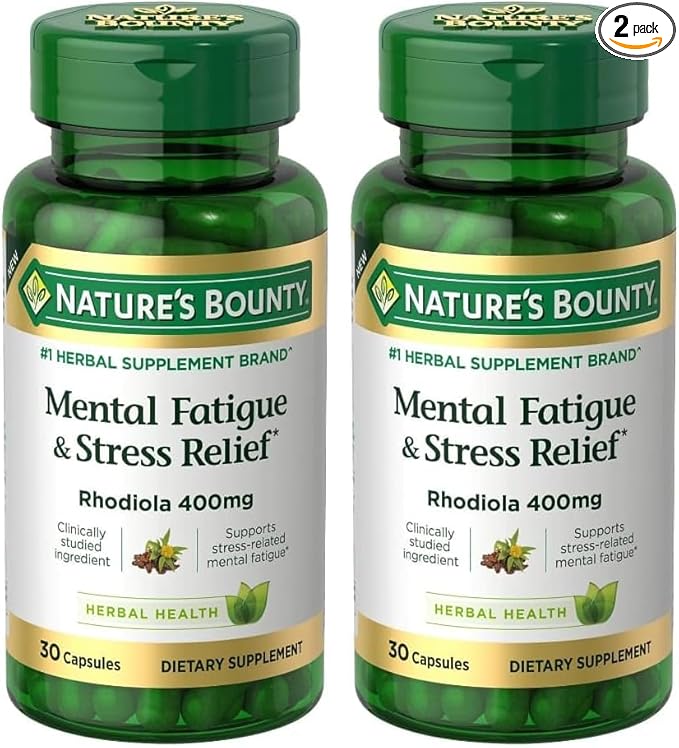 Nature's Bounty Mental Fatigue and Stress Relief, Rhodiola Supplement, 400 mg, Capsules, 30 Count (Pack of 2)