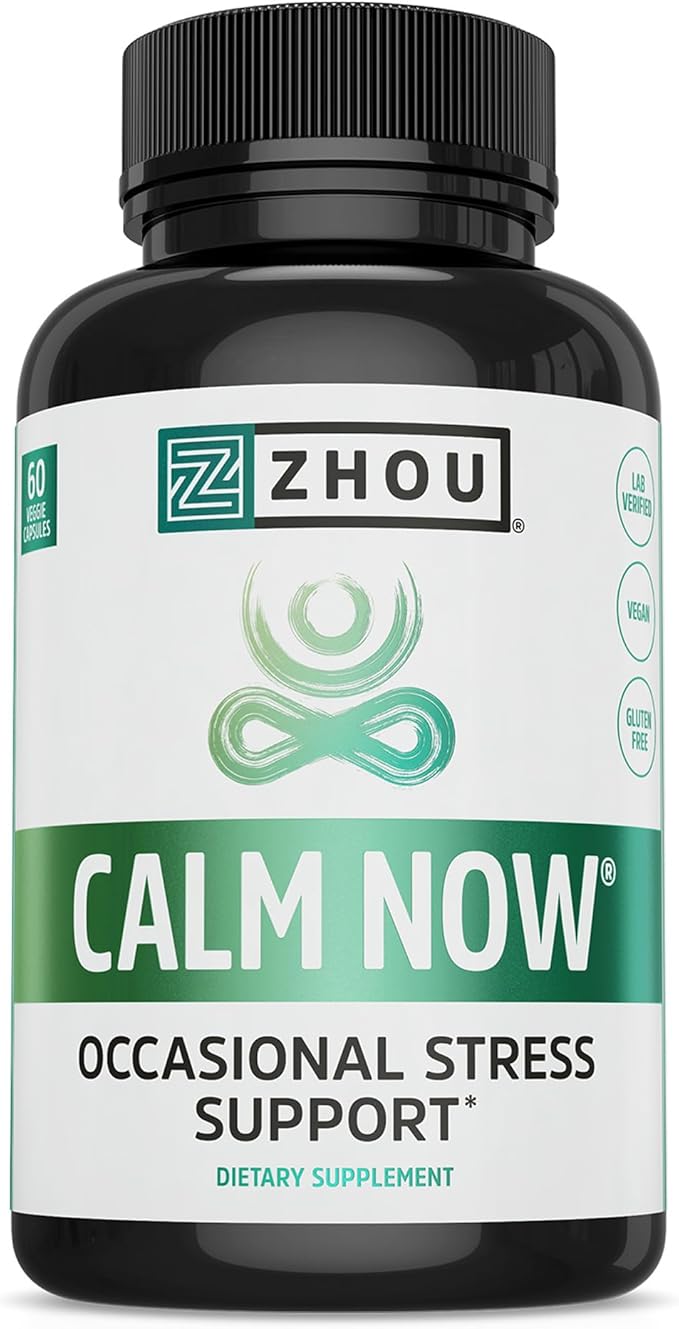 Zhou Calm Now - Calm Supplement, Calm Vitamins for Women & Men, Pills to Relax for Adults with GABA & Ashwagandha, Stress & Focus Support - 60 Veggie Capsules