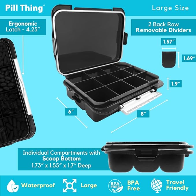 12-Compartment Weekly Pill Box Case with Removable Dividers, Waterproof, Travel-Friendly, with Medication Map and Medical Alert Cards (Black, 2 Pack)
