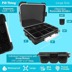 2-Pack Large Pill Organizer – Black + Clear | 12-Compartment Weekly Pill Box Case with Removable Dividers, Waterproof, Travel-Friendly (Combo Pack - 1 Black & 1 Clear)