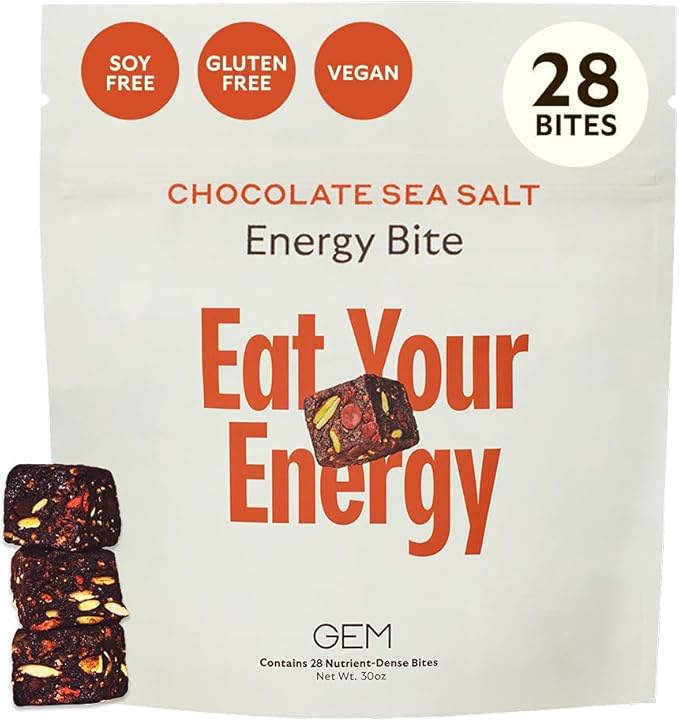 GEM Energy Caffeinated Chocolate Bite, 40mg Caffeine, Ginseng Root, L-Theanine, Holistic Sustained Energy, Supports Metabolism, Stamina & Endurance | Chocolate Cacao Sea Salt | 28 Servings