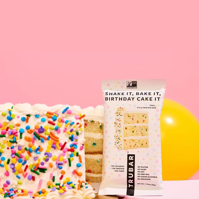TRUBAR Vegan Protein Bar, Shake it Bake it Birthday Cake it, Gluten Free, Plant Based Protein, Dairy Free, Non GMO, Soy Free, No Sugar Alcohols, 12G Protein, 12G Fiber, 23G Carb, Snack Bars, 12ct