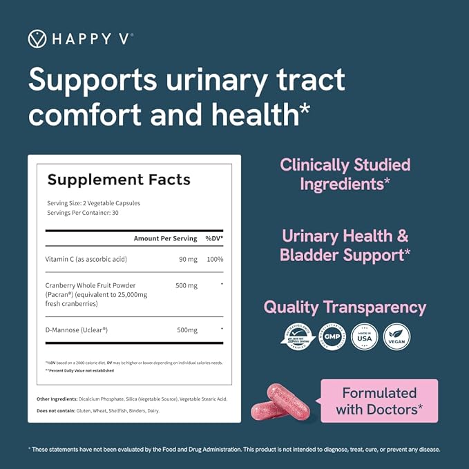 Happy V Dr. Formulated D-Mannose with Cranberry Pills for Women Cranberry for Urinary Tract infections & D Mannose Powder for UTI Infection Prevention, Bladder & Urinary Tract Health & Harmony