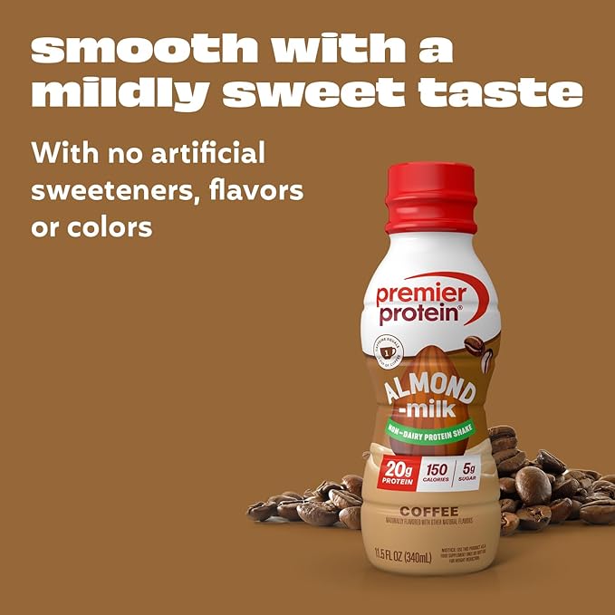 Premier Protein Non-Dairy Plant Based Almondmilk Protein Shake, Coffee with Caffeine for Energy – 20g Protein, 5g Sugar, 11.5 Fl oz, 12 Count