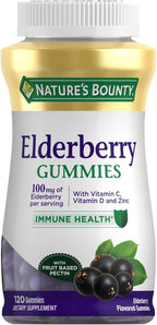 Nature's Bounty Elderberry Gummies, Dietary Supplement, Supports Immune Health, Contains Vitamin A, C, D, E and Zinc, 100 mg, 120 Gummies