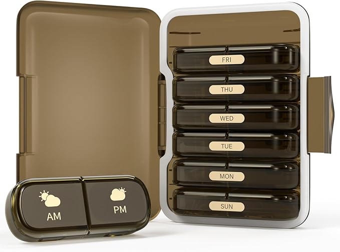 Weekly Pill Organizer 2 Times a Day, 7 Day Pill Box 2 Times, Portable for Travel Pill Case for Pills/Vitamin/Fish Oil/Medication/Supplements (2x7 Brown)
