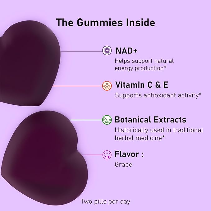 NAD Gummies with Resveratrol, Multivitamin Blend, Quercetin, Collagen and Zinc, Chewable NAD Gummy for Women, Natural Grape Flavor, Convenient Daily Chew, 60 Count