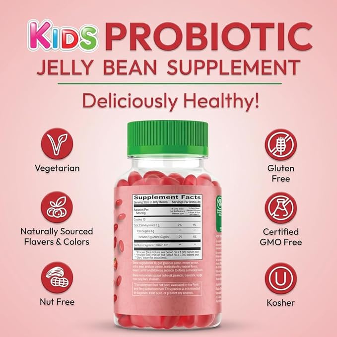 Human Beanz Probiotic Jelly Bean Gummies for Kids, Probiotic Supplements for Digestive Health, Nutritional Vegetarian Supplements, 120 Strawberry Blast Jelly Beans, Kosher