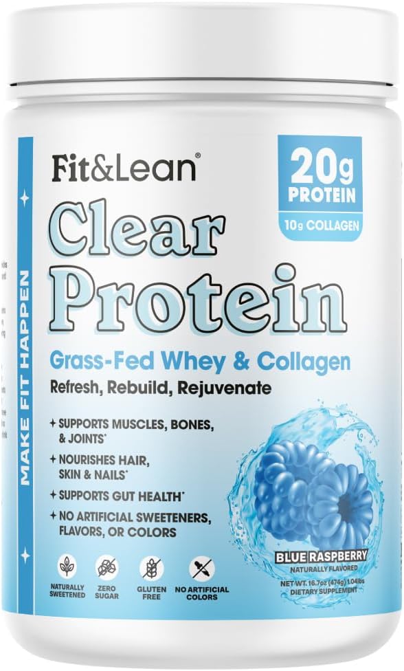 Fit & Lean Clear Protein Powder with Whey Isolate Protein and Collagen, Grass Fed, Muscle Recovery, Skin, Joints, GLP-1 Support, 0g Sugar, Blue Raspberry, 20 Servings