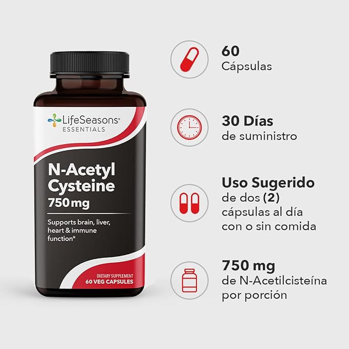 LifeSeasons N‑Acetyl Cysteine (NAC) 750 mg – Antioxidant & Detox Support Supplement – Glutathione Precursor, Immune & Respiratory Health, Liver & Cellular Protection – 60 Veg Capsules