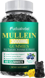 1 Pack 3000MG Organic Mullein Gummies for Lung, Mullein Leaf Extract for Lungs - Quercetin, Bromelain for Respiration，Immune and Digestive Support, 60 Count Blueberry Gummys