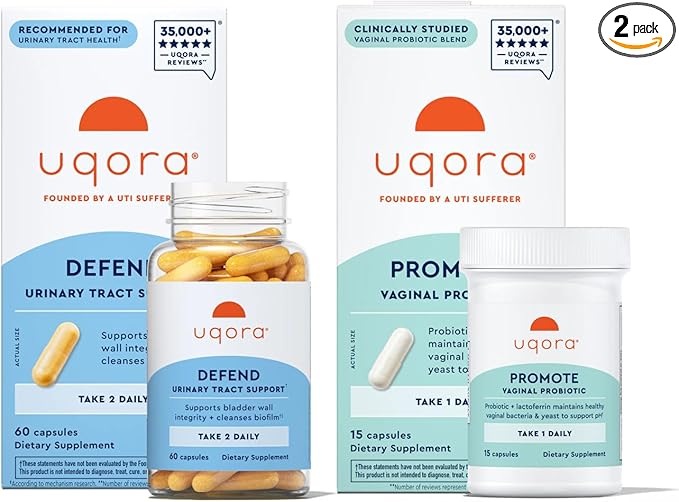 Uqora Defend & Promote - Urinary & Vaginal Health Supplement Bundle for Daily Support - Supports Vaginal Health, Bladder Wall Integrity & Cleanses Biofilm** - Easy to Consume - One-Month Supply