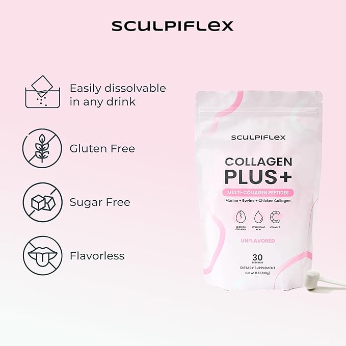 Sculpiflex Hydrolyzed Collagen Peptides Powder, Marine, Bovine, and Chicken Unflavored Multi Collagen Complex for Women, Firms Skin and Boosts Elasticity, Hydrating with Hyaluronic Acid (30 Servings)