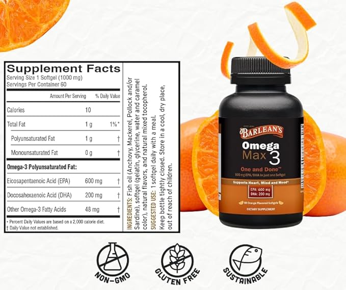 Barlean's Ideal Omega Max 3 Fish Oil Supplements, 1000 mg Softgels, EPA and DHA Fatty Acid Pills for Men and Women, Orange Flavor, 60 Count