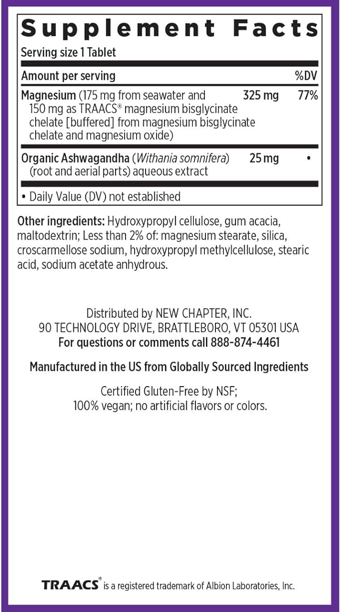 New Chapter Magnesium + Ashwagandha Supplement, 325 mg with Magnesium Glycinate for Muscle Relaxation & Recovery, Heart, Nerve & Bone Health, 2.5X Absorption, Non-GMO - 60 ct (2 Month Supply)
