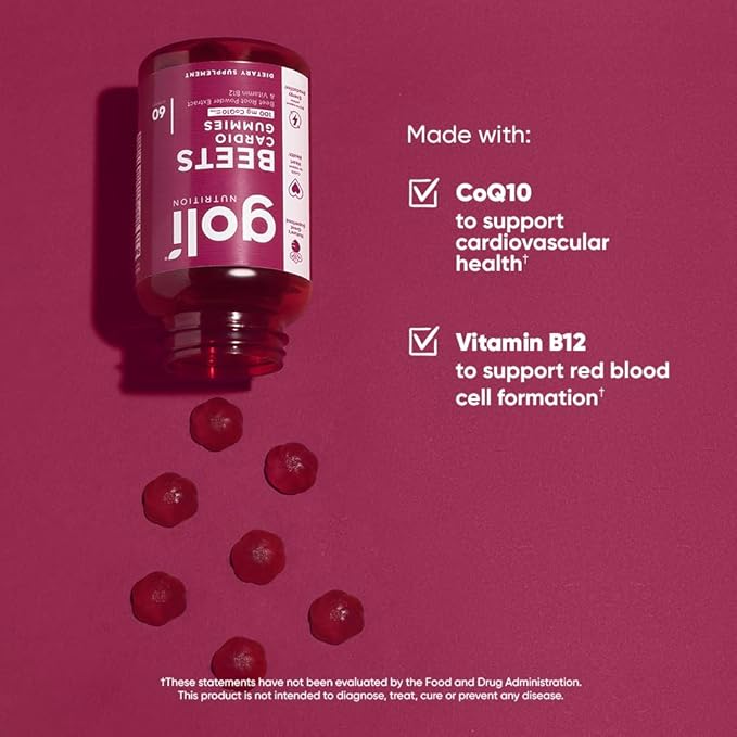 Goli Beets Cardio Gummies with CoQ10 and Vitamin B12 - Beetroot Extract - Cardiovascular Wellness - Vegan, Non-GMO, Gluten-Free