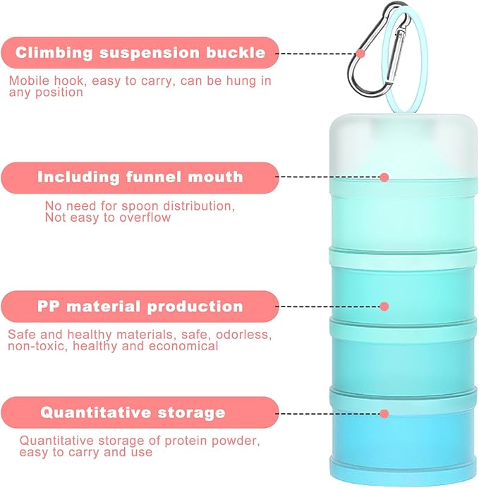 YEXEXINM 4 Pcs Protein Powder Container with Funnels Stand, 4 Stackable Protein Powder Dispenser with 4 Portable Keychain Supplement Container & Dispenser for Workout, Fitness, Travel (4 Color)