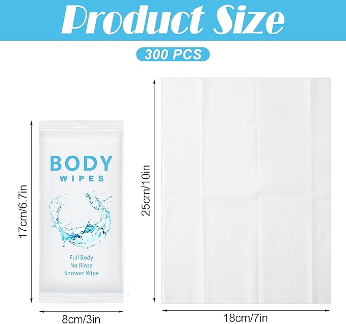 Treela 300 Pcs Large Body Wipes Bulk Deodorant Travel Size for Homeless Care Package Supplies Individually Wrapped Adults Bathing No Rinse Wet Wipes Men Women Hygiene Items(7.09" X 9.84",White)