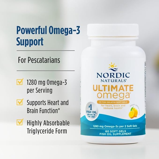 Nordic Naturals Ultimate Omega in Fish Gelatin, Lemon Flavor - 60 Soft Gels - 1280 mg Omega-3 - High-Potency Fish Oil Supplement - EPA & DHA - Promotes Brain & Heart Health - Non-GMO - 30 Servings