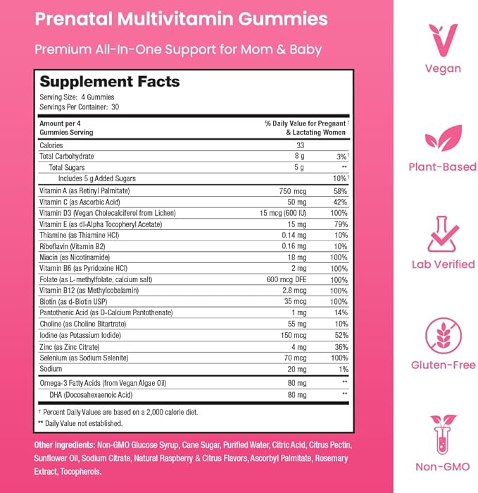 Prenatal Vitamin Gummies with DHA | Vegan Prenatal Vitamins for Women with Omega 3, Methylfolate, Choline & D3, Pregnancy Vitamins for Fetal Development | Gummy Multivitamin Supplement, 120 Count