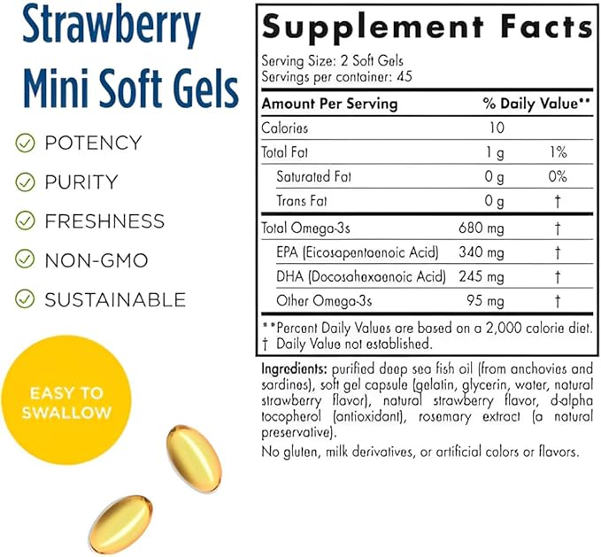 Nordic Naturals Ultimate Omega Jr., Strawberry - 90 Mini Soft Gels - 680 Total Omega-3s with EPA & DHA - Brain Health, Mood, Learning - Non-GMO - 45 Servings