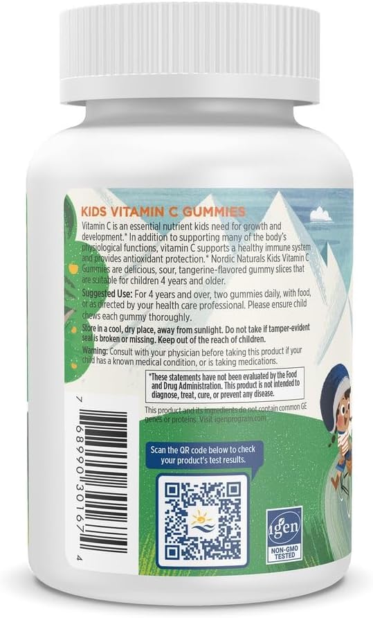 Nordic Naturals Kids Vitamin C Gummies - Tangy Tangerine - 60 Gummies - Vegan Vitamin C Supplement - Children’s Immunity and Antioxidant Support - 250 mg per Serving - 30 Servings