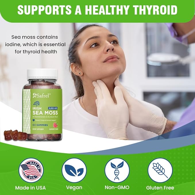 Safrel Irish Sea Moss Gummies 3000mg with Bladderwrack and Burdock Root, Thyroid Energy and Immune Support, Vegan Raspberry Flavor, 60 Gummies