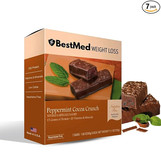 BestMed Protein Bar – 15g Protein, Low Carb, Low Sugar, High Fiber, Low Calorie Meal Replacement Nutrition Bar, Healthy Snack for Weight Management Diet (Peppermint Cocoa, 7 Count)
