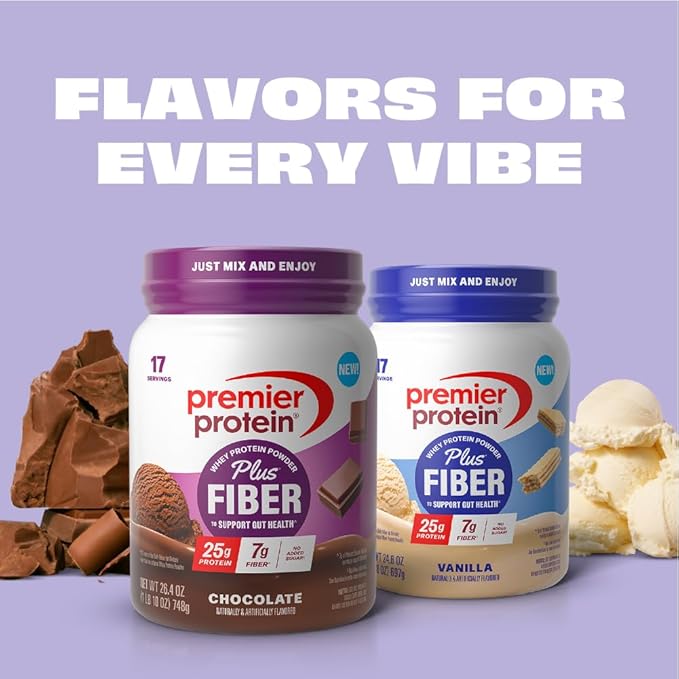 Premier Protein Powder Plus Fiber, Chocolate, 25g Protein, 7g Fiber to Support Gut Health, No Added Sugar (17 Servings)