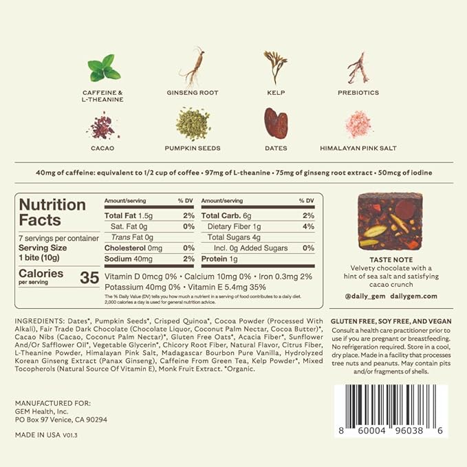 GEM Energy Caffeinated Chocolate Bite | Holistic Sustained Energy | Supports Metabolism, Stamina & Endurance | 40mg Caffeine, Ginseng Root, L-Theanine | Chocolate Cacao Sea Salt | 7 Servings