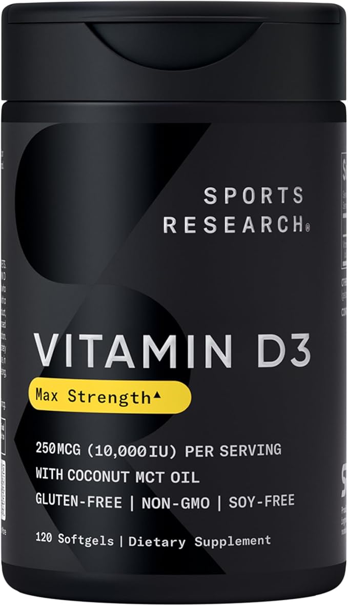 Sports Research® Vitamin D3 10,000iu (250mcg) with Coconut MCT Oil - Max Strength Vitamin D Supplement - Gluten Free · Non-GMO · Soy Free - 120 Count Softgels