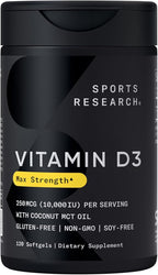 Sports Research® Vitamin D3 10,000iu (250mcg) with Coconut MCT Oil - Max Strength Vitamin D Supplement - Gluten Free · Non-GMO · Soy Free - 120 Count Softgels