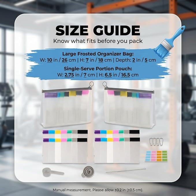 28-Day Protein Powder Pack with Funnel & Scoop, 4-Week Portion Bags (PEVA BPA-Free, 4 Large + 28 Small Color Bags) Portable Reusable Protein Powder Containers for Workout and Travel