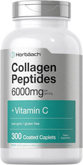 Horbäach Collagen Peptides 6000mg | 300 Caplet Pills | with Vitamin C | Hydrolyzed Collagen Supplement | Non-GMO, Gluten Free