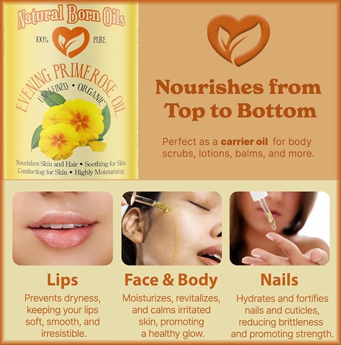 Natural Born Oils Evening Primrose Oil, 1 Gallon, Organic, Cold-Pressed, Vitamins & Minerals, Deep Skin Care, Hair Vitality