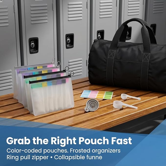 28-Day Protein Powder Pack with Funnel & Scoop, 4-Week Portion Bags (PEVA BPA-Free, 4 Large + 28 Small Color Bags) Portable Reusable Protein Powder Containers for Workout and Travel