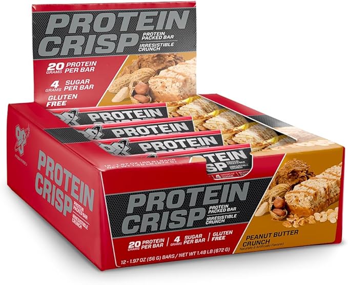 BSN Protein Crisp Bar, Peanut Butter Crunch, 20 Gram Protein Snack Bars with Whey and Fiber, Gluten-Free Crunchy Energy Bars for Workout, Fitness, On-the-Go, 12 Count