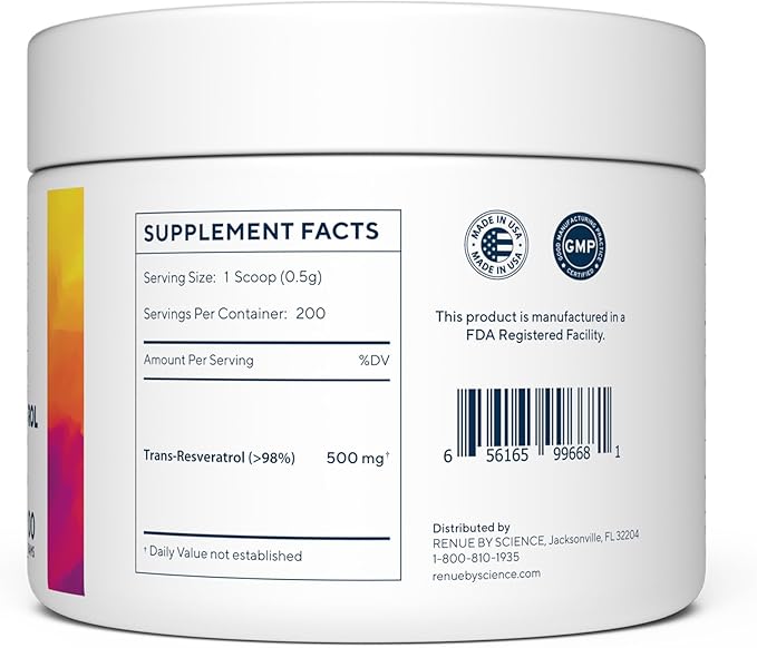 Renue By Science Resveratrol | High Strength Resveratrol Supplement | 100g Trans Resveratrol Powder | Reservatrol 200 Day Supply | Non-GMO & Allergen Free | Manufactured in the USA Third-Party Tested