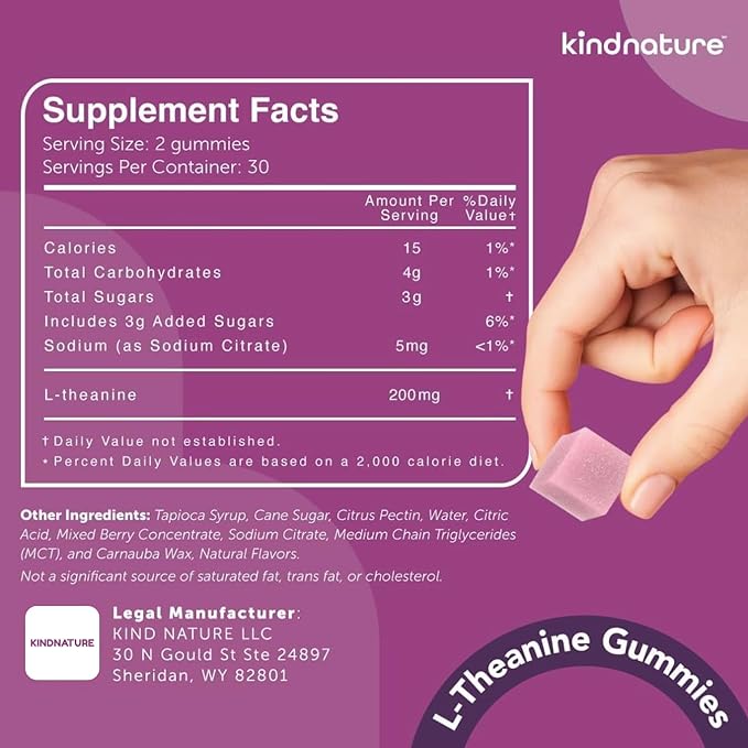 kindnature L-Theanine Gummies 200mg – Calm & Focus Supplement for Adults & Kids Ages 4+ – Stress Support, Mental Clarity & Non-Drowsy Relaxation – Vegan, Mixed Berry, Non-GMO