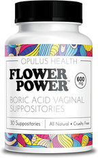 Flower Power Boric Acid Suppositories for Women - 30 Capsules - 600mg for Vaginal pH Balance & Freshness - Vegan, Made in USA