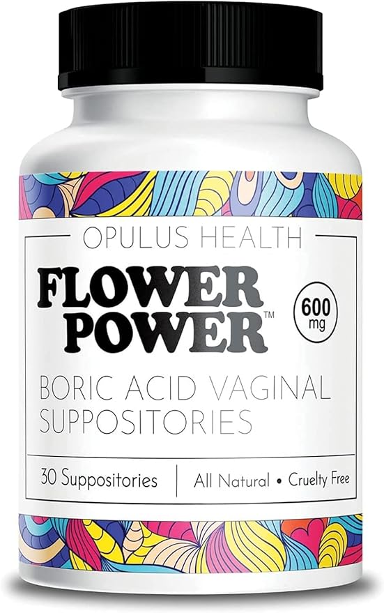 Flower Power Boric Acid Suppositories for Women - 30 Capsules - 600mg for Vaginal pH Balance & Freshness - Vegan, Made in USA
